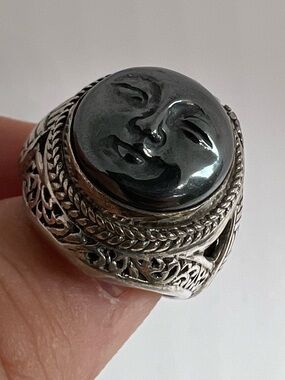 SARDA Sterling Silver Hematite Moon Face Statement Ring